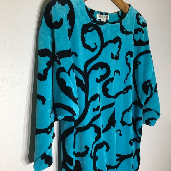Vintage 80s Teal Black Velour Long Oversized Tunic - Picture 10 of 15